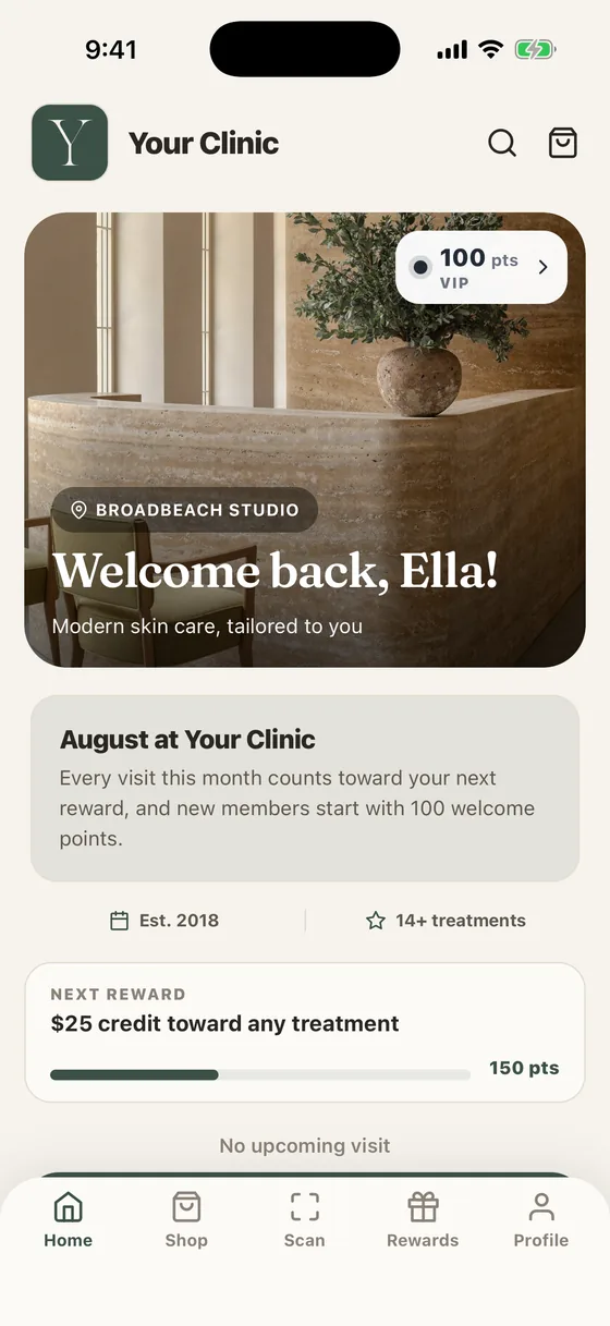 A clinic's own app: home screen with bookings, memberships and rewards