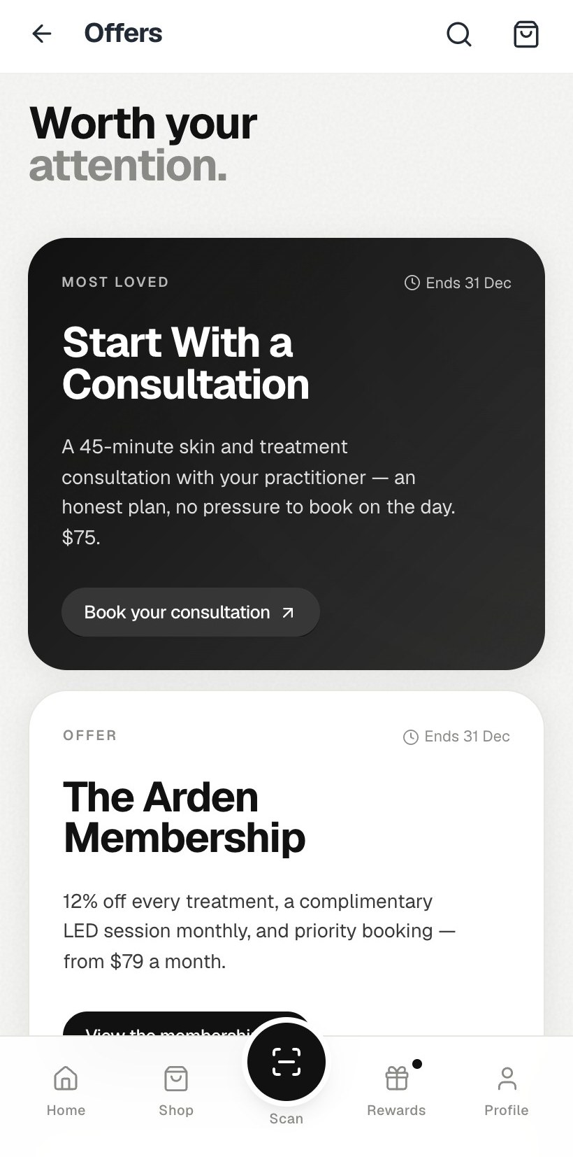 Shop and treatments in the app